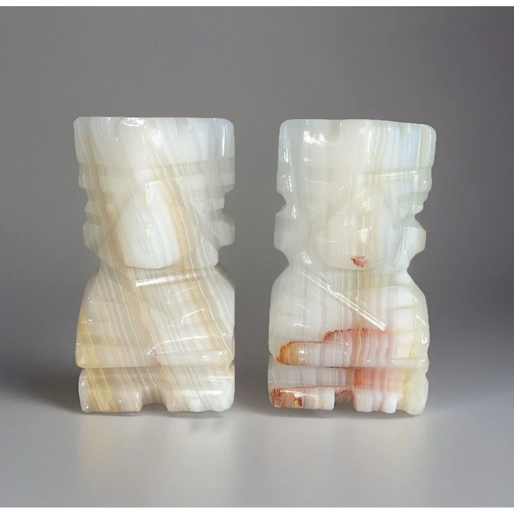 VTG Pair Carved Heavy Onyx Marble Aztec Mayan Tiki Bookends Decor 3 1/2‎ inch